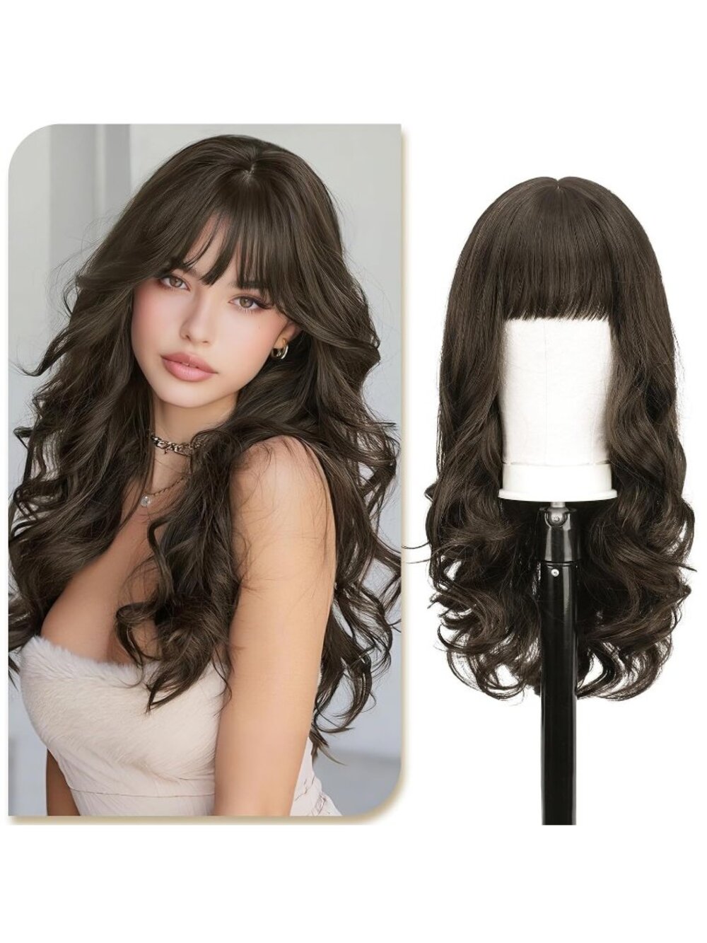 24 Inch Women's Brown Highlights Natural Looking Synthetic Wig with Bangs